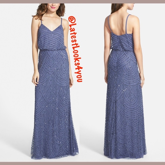 EUC! Adrianna Papell Art Deco Beaded Blouson Gown in Dark Heather [SZ: 2 ]‎ - Picture 2 of 14